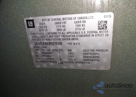 2015 Chevrolet Equinox 1Lt из США, поврежденный, VIN 2GNFLFEK4F6276168